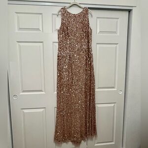 Adrianna Papell Rose Gold Halter Crunchy Beaded Gown